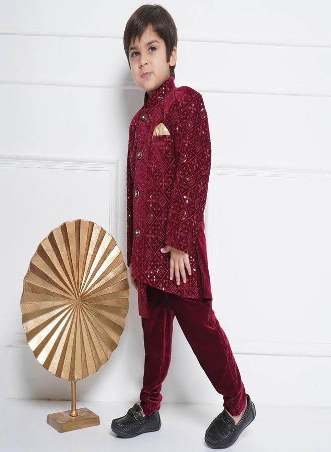 AJ DEZINES Kids Ethnic Wear Velvet Embroidered Sequin Maroon Sherwani Set For Boys (DUP_7050-MAROON-5) - Image 4