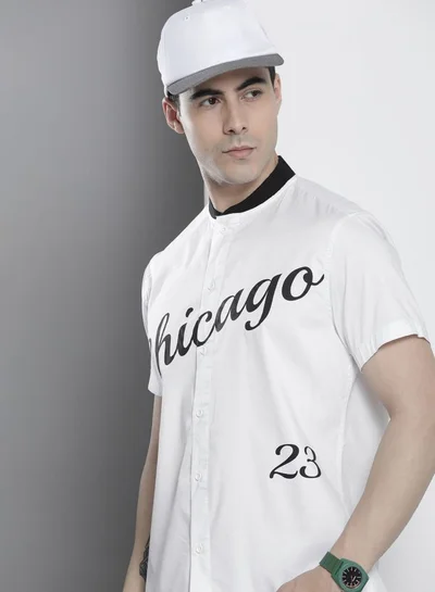 The Indian Garage Co Men Regular Fit Placement Print Half Sleeves Baseball Collar Casual Shirt