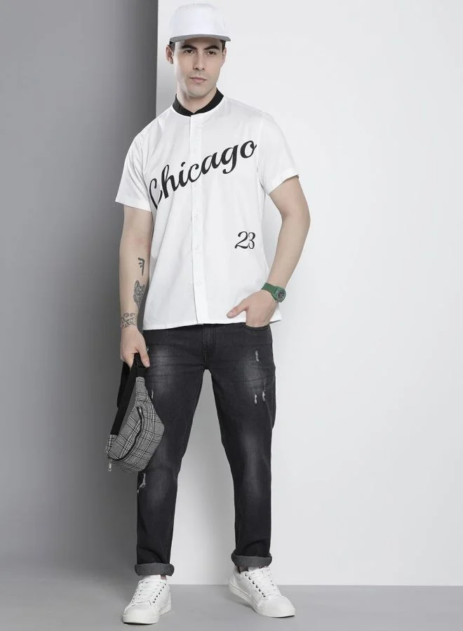 The Indian Garage Co Men Regular Fit Placement Print Half Sleeves Baseball Collar Casual Shirt