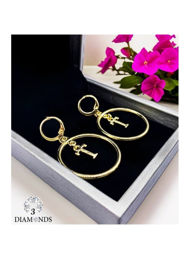 Gold Plated Letter T Drop Earrings with Cubic Zirconia