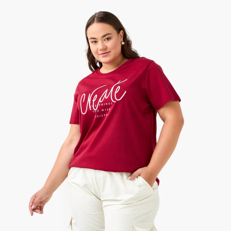  أولا بوبكن Plus Size Ulla Popken Slogan Print T-shirt