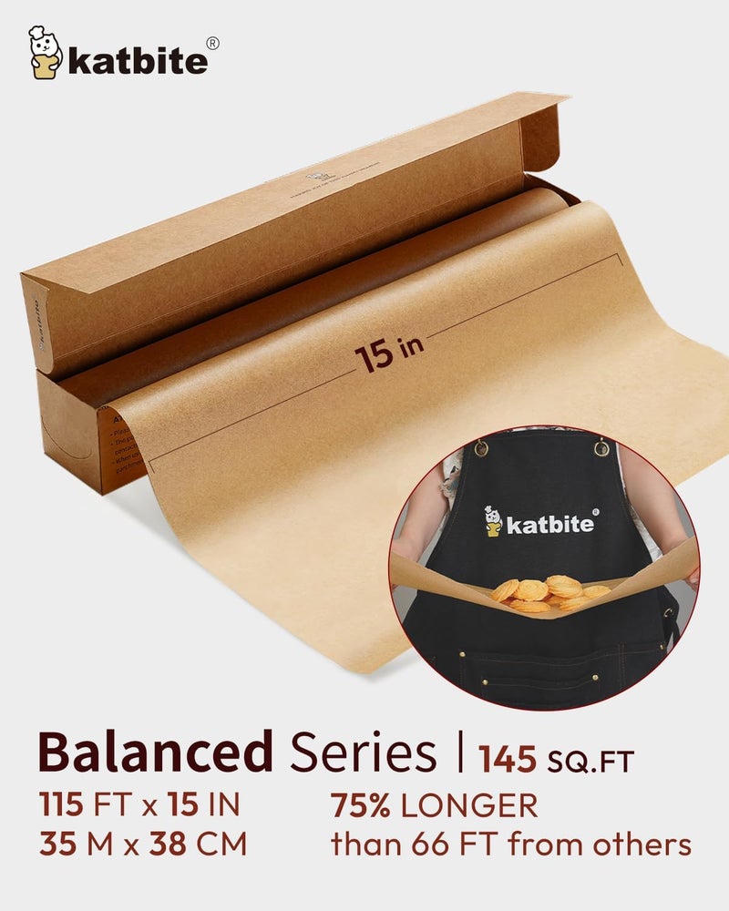 katbite Parchment Paper Roll 15in x 115ft, Unbleached Pachment Baking Paper Roll 145 Sq.Ft, Non-Stick and Extra Longer Parchment Paper with Portable Serrated Cutter for Baking,Cooking,Space-saving - Image 2