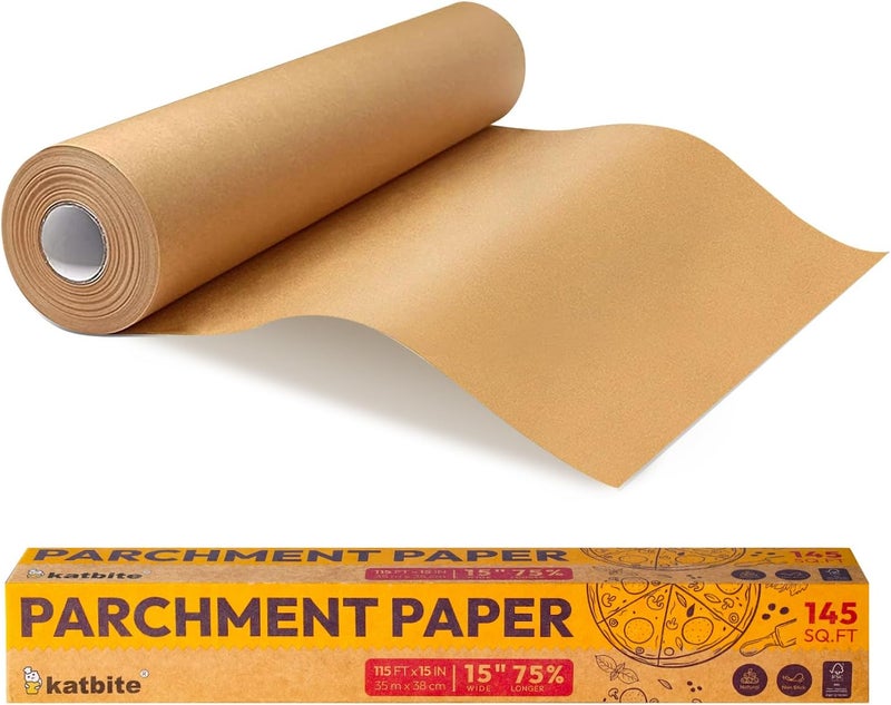 katbite Parchment Paper Roll 15in x 115ft, Unbleached Pachment Baking Paper Roll 145 Sq.Ft, Non-Stick and Extra Longer Parchment Paper with Portable Serrated Cutter for Baking,Cooking,Space-saving - Image 1