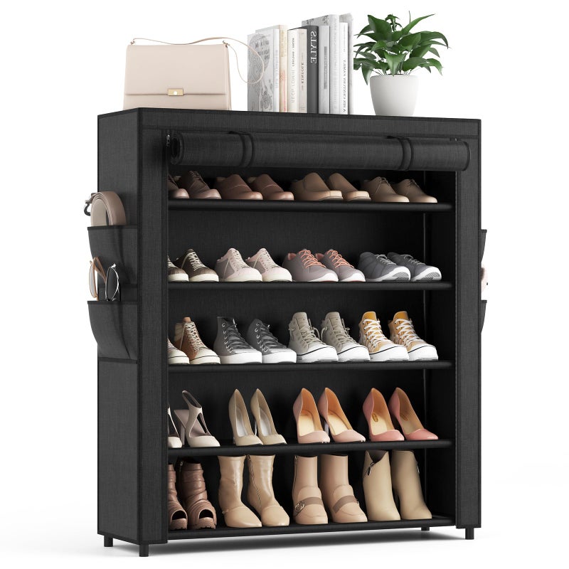 VILICK Shoe Rack with Cover 5 Tier Shoe Organizer Storage for 2024 Pair Shoes and Boots Large Shoe Storage Shelf Space Saving Vertical Shoe Rack for Closet Front Door Entrance Dorm Garage