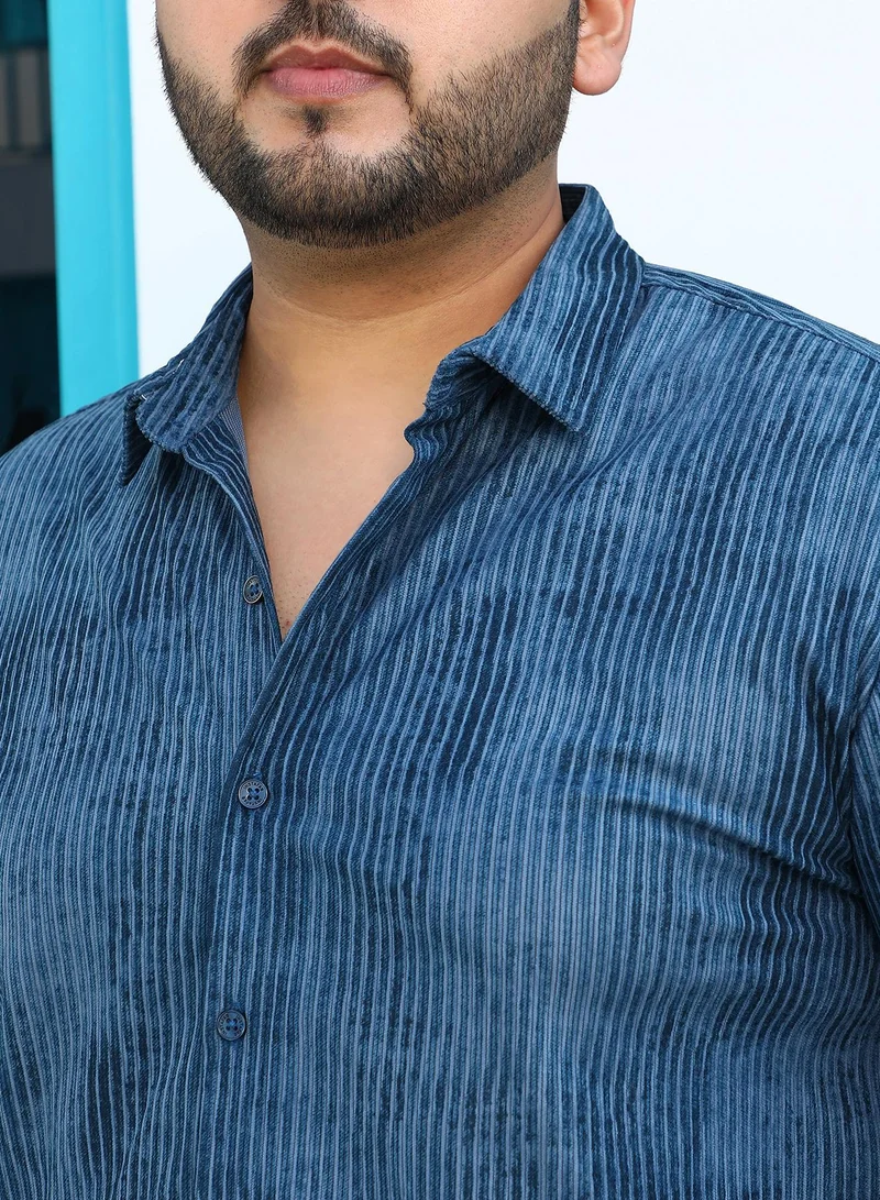 Instafab Plus  Instafab Plus Men's Indigo Blue Ribbed-Corduroy Shirt For Casual Wear | Spread Collar | Long Cuffed Sleeves | Button Closure | Plus Size Shirt Crafted With Comfort Fit For Everyday Wear for Men | Best Price UAE