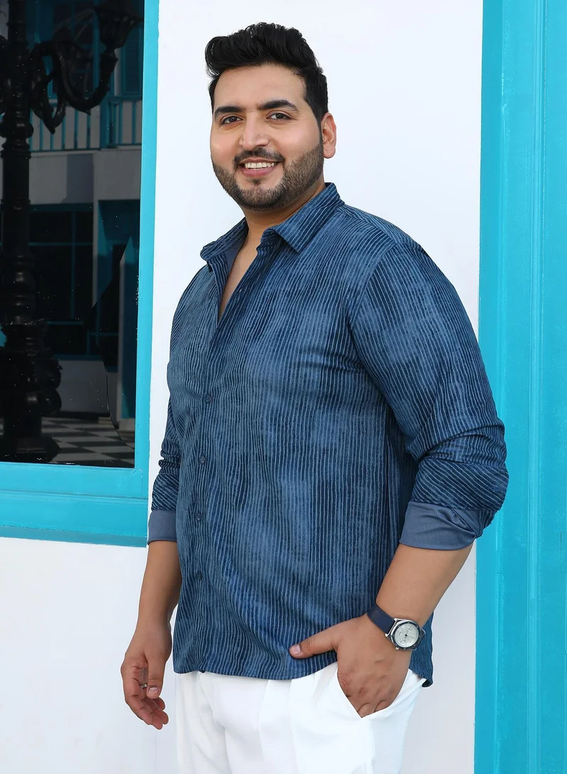 Instafab Plus  Instafab Plus Men's Indigo Blue Ribbed-Corduroy Shirt For Casual Wear | Spread Collar | Long Cuffed Sleeves | Button Closure | Plus Size Shirt Crafted With Comfort Fit For Everyday Wear for Men | Best Price UAE