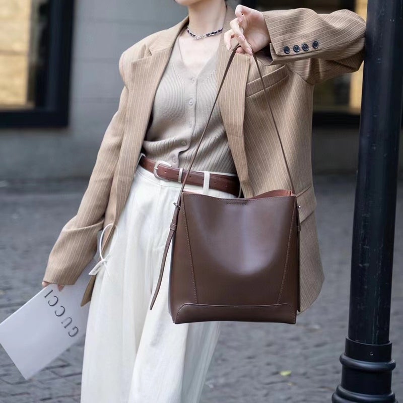 Leather Women'S Bag Commuter All-Match Tote Bag New Fashion Leather Women'S Shoulder Bag Cowhide Bucket Bag Spot - Image 1