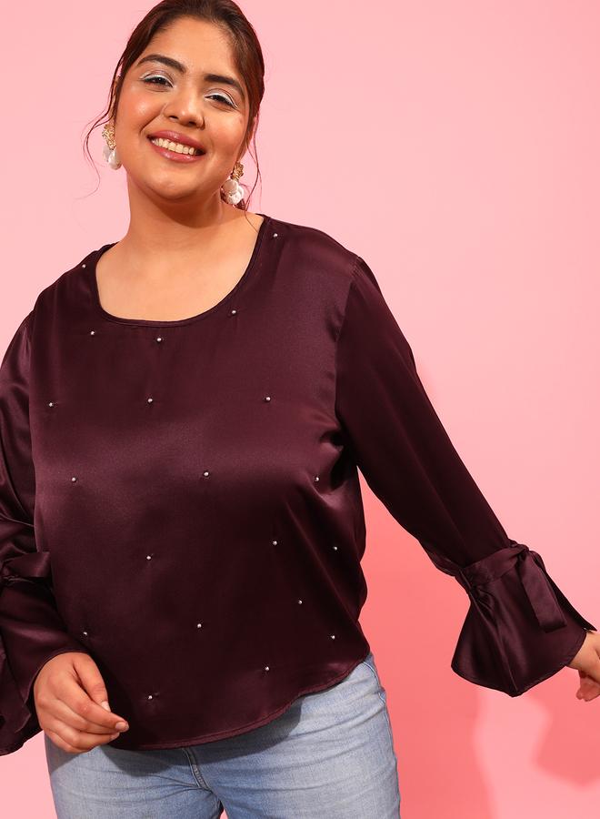 STREET 9 Embellished Satin Round Neck Top - Image 1