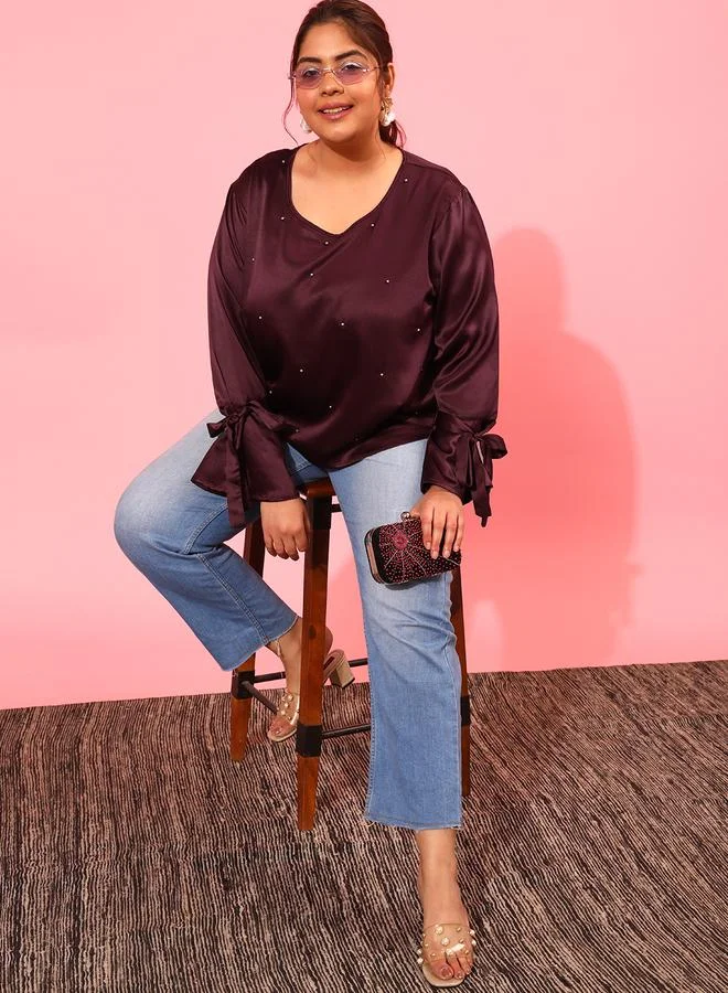 STREET 9 STREET 9 Embellished Satin Round Neck Top