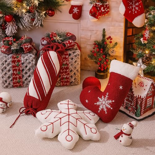 Yookeer 3 Pcs Christmas Throw Pillows Red and White Stripe Candy Snowflake Christmas Stocking Shape Cushion Decorative Xmas Holiday Stuffed Decoration for Sofa Bed Bedroom Living Room - Image 3