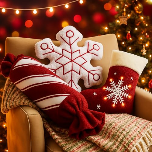 Yookeer 3 Pcs Christmas Throw Pillows Red and White Stripe Candy Snowflake Christmas Stocking Shape Cushion Decorative Xmas Holiday Stuffed Decoration for Sofa Bed Bedroom Living Room - Image 1