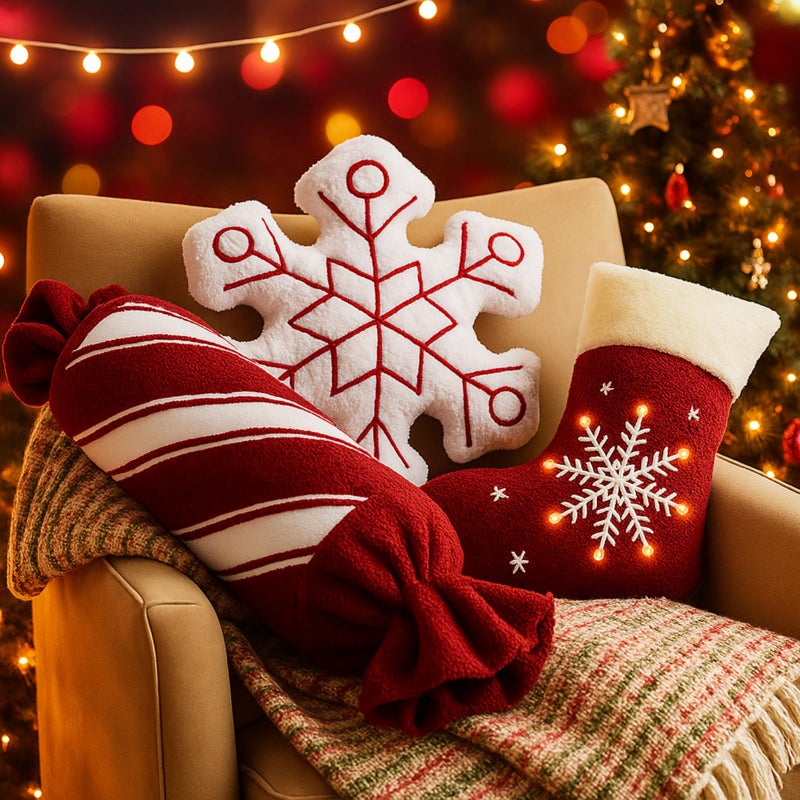 Yookeer 3 Pcs Christmas Throw Pillows Red and White Stripe Candy Snowflake Christmas Stocking Shape Cushion Decorative Xmas Holiday Stuffed Decoration for Sofa Bed Bedroom Living Room - Image 2