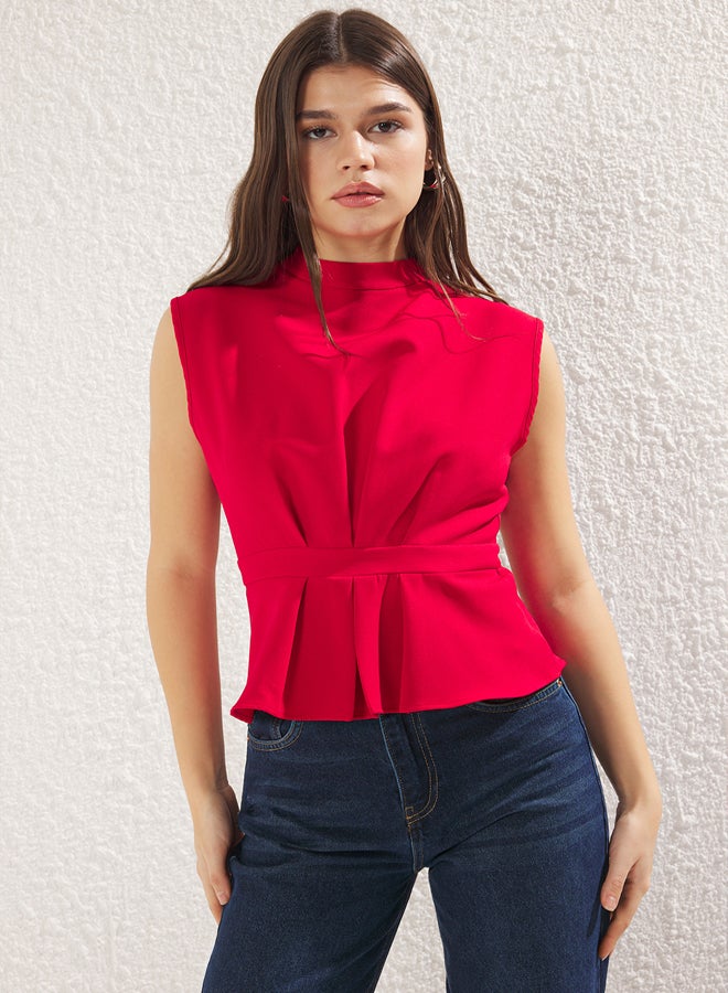 trendyol Red Woven Crew Neck Sleeveless Blouse - Image 2