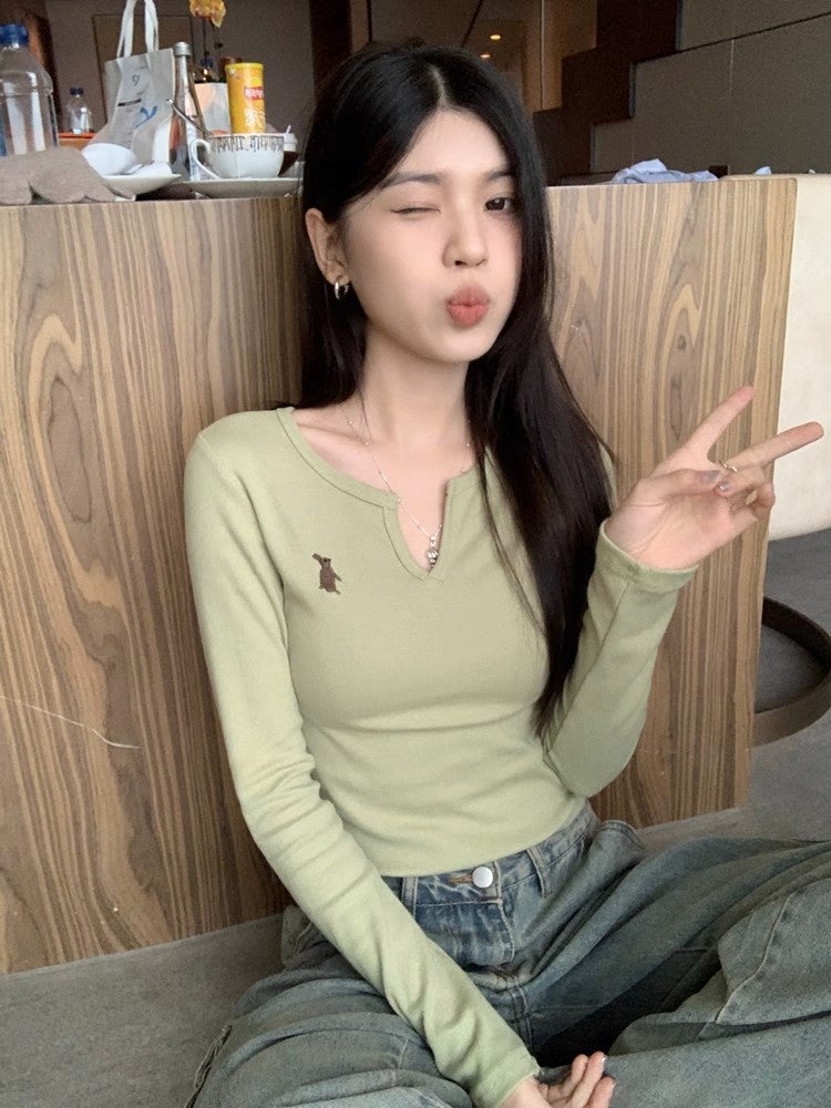 [Factory Source Straight Hair] Sweet Style Long-Sleeved Bottoming Shirt T-Shirt Autumn Slim Slimming Short Top - Image 2