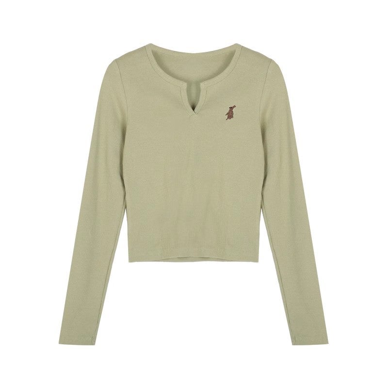 [Factory Source Straight Hair] Sweet Style Long-Sleeved Bottoming Shirt T-Shirt Autumn Slim Slimming Short Top - Image 1
