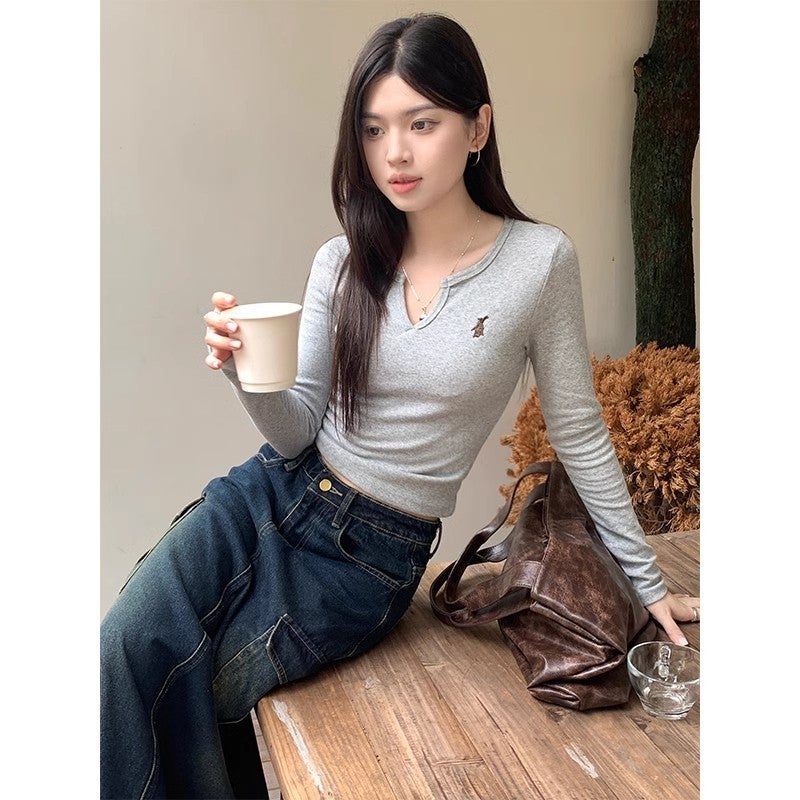 [Factory Source Straight Hair] Sweet Style Long-Sleeved Bottoming Shirt T-Shirt Autumn Slim Slimming Short Top - Image 4