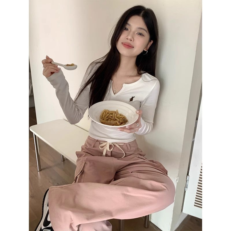 [Factory Source Straight Hair] Sweet Style Long-Sleeved Bottoming Shirt T-Shirt Autumn Slim Slimming Short Top - Image 3