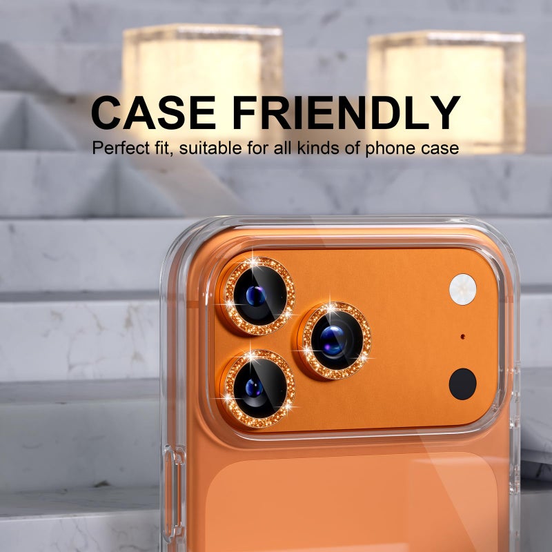 Choiche Compatible for iPhone 17 Pro/iPhone 17 Pro Max Camera Lens Protector Bling, 9H Tempered Glass Camera Cover Screen Protector Metal Ring Decoration Accessories (Glitter-Orange) - Image 5