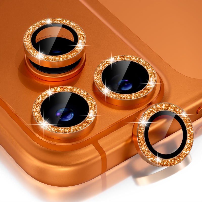 Choiche Compatible for iPhone 17 Pro/iPhone 17 Pro Max Camera Lens Protector Bling, 9H Tempered Glass Camera Cover Screen Protector Metal Ring Decoration Accessories (Glitter-Orange) - Image 1