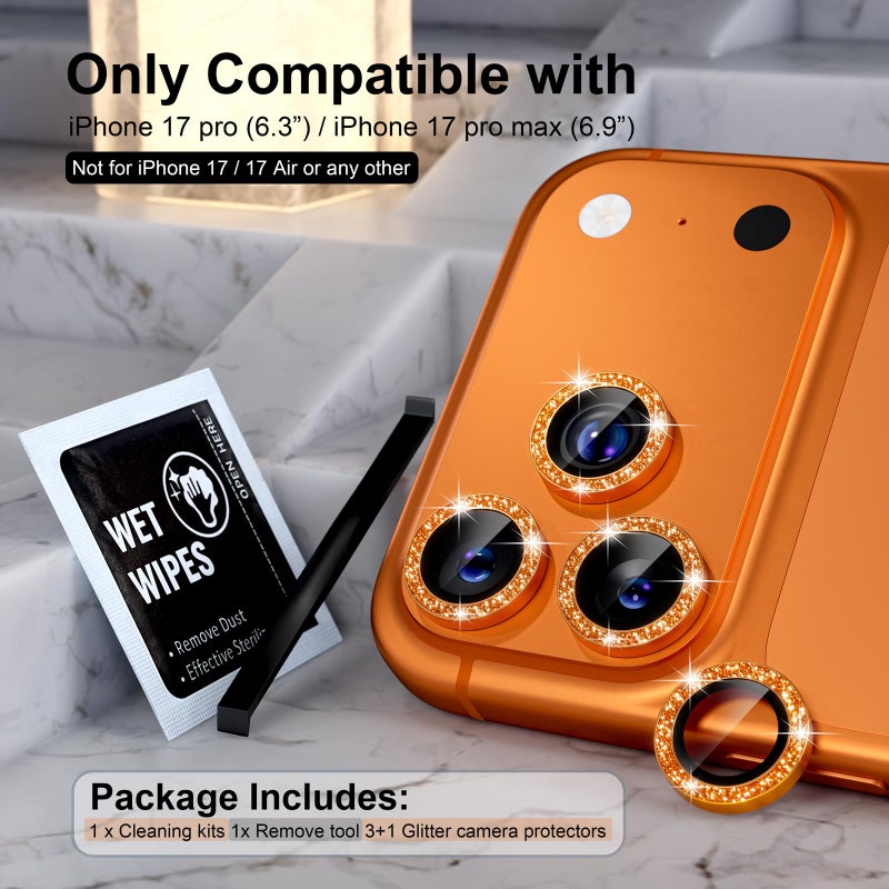 Choiche Compatible for iPhone 17 Pro/iPhone 17 Pro Max Camera Lens Protector Bling, 9H Tempered Glass Camera Cover Screen Protector Metal Ring Decoration Accessories (Glitter-Orange) - Image 2