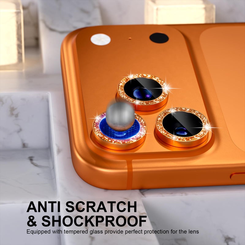 Choiche Compatible for iPhone 17 Pro/iPhone 17 Pro Max Camera Lens Protector Bling, 9H Tempered Glass Camera Cover Screen Protector Metal Ring Decoration Accessories (Glitter-Orange) - Image 4