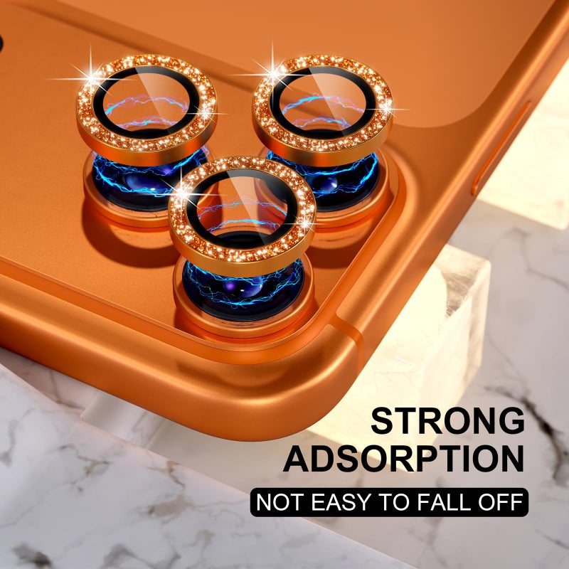 Choiche Compatible for iPhone 17 Pro/iPhone 17 Pro Max Camera Lens Protector Bling, 9H Tempered Glass Camera Cover Screen Protector Metal Ring Decoration Accessories (Glitter-Orange) - Image 3