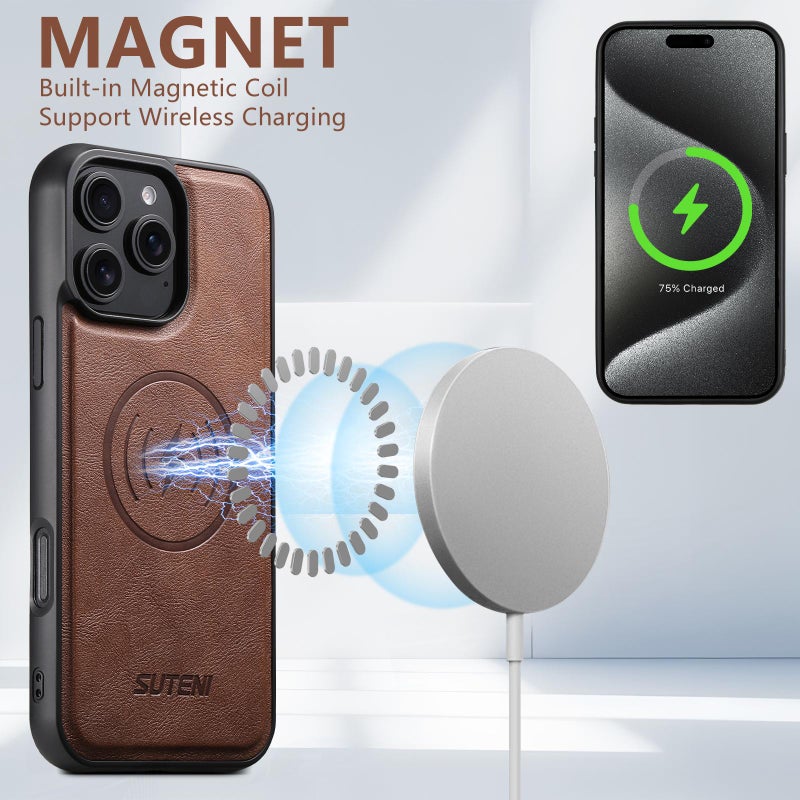 Suteni For Iphone 17 G5 Cowhide Leather Magsafe Magnetic Phone Case(Brown) - Image 3