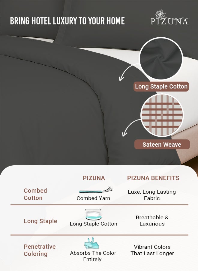 PIZUNA Pure Combed Cotton Duvet Cover Double 200x200 cm Dark Grey, 400 Thread Count Cool Breathable 100% Long Staple Cotton Sateen Weave Quilt Cover & 2 Pillowcases (Luxurious Bedding Set) - Image 2