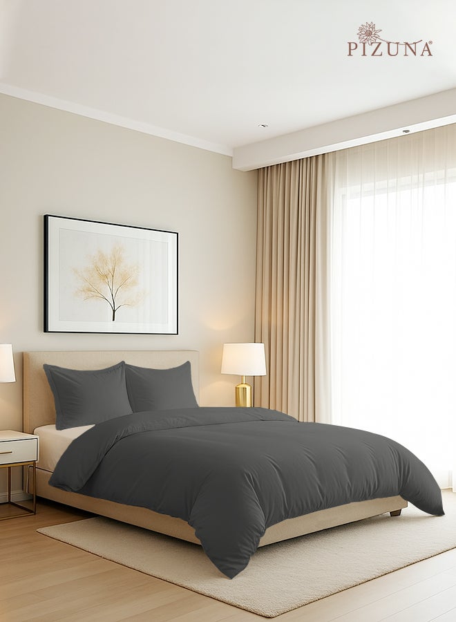 PIZUNA Pure Combed Cotton Duvet Cover Double 200x200 cm Dark Grey, 400 Thread Count Cool Breathable 100% Long Staple Cotton Sateen Weave Quilt Cover & 2 Pillowcases (Luxurious Bedding Set) - Image 1