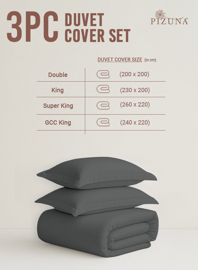 PIZUNA Pure Combed Cotton Duvet Cover Double 200x200 cm Dark Grey, 400 Thread Count Cool Breathable 100% Long Staple Cotton Sateen Weave Quilt Cover & 2 Pillowcases (Luxurious Bedding Set) - Image 3