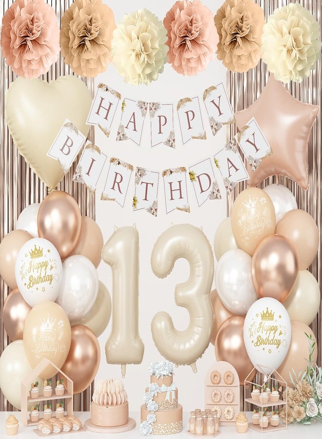 Togvu 13th Cream Birthday Decorations for Girls, Beige Number 13 Heart Brown Star Balloons Neutral White Gold Nude Balloons with Boho Happy Birthday Banner Aesthetic Fringe Curtain Tissue Paper Pom Poms - Image 1