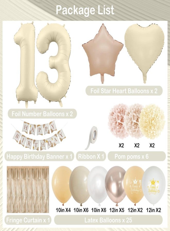 Togvu 13th Cream Birthday Decorations for Girls, Beige Number 13 Heart Brown Star Balloons Neutral White Gold Nude Balloons with Boho Happy Birthday Banner Aesthetic Fringe Curtain Tissue Paper Pom Poms - Image 2