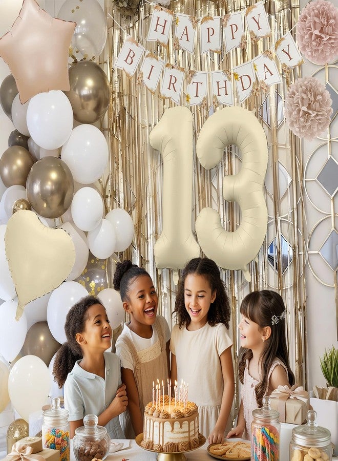Togvu 13th Cream Birthday Decorations for Girls, Beige Number 13 Heart Brown Star Balloons Neutral White Gold Nude Balloons with Boho Happy Birthday Banner Aesthetic Fringe Curtain Tissue Paper Pom Poms - Image 3