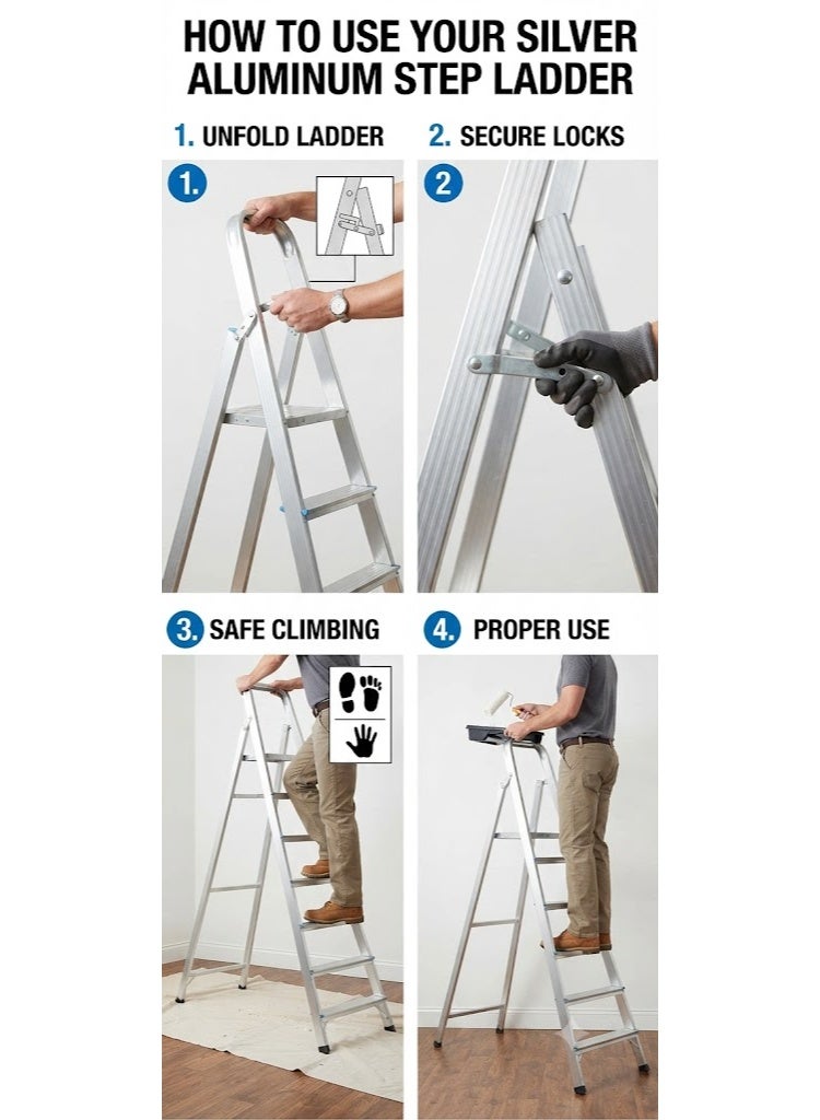Robustline Heavy Duty Steel Ladder, Ultra Stable Folding Ladder. (8 Step, Silver) - Image 3