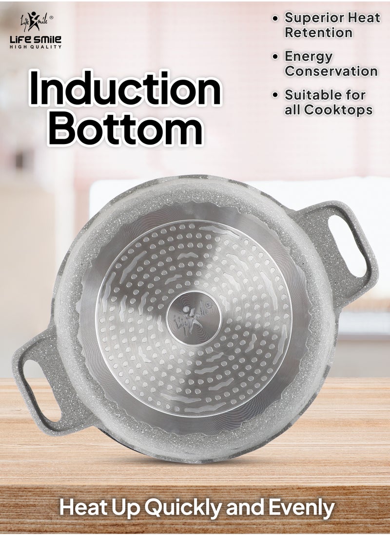 Life Smile - LIFE SMILE Shallow Pots Set with Lid | 100% PFOA FREE | Non Stick Granite Coating Frying Pans set | Oven Safe | Double Handle (Grey (Induction Base), 20/24/28 CM) - Image 1
