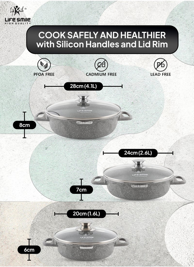 Life Smile - LIFE SMILE Shallow Pots Set with Lid | 100% PFOA FREE | Non Stick Granite Coating Frying Pans set | Oven Safe | Double Handle (Grey (Induction Base), 20/24/28 CM) - Image 1