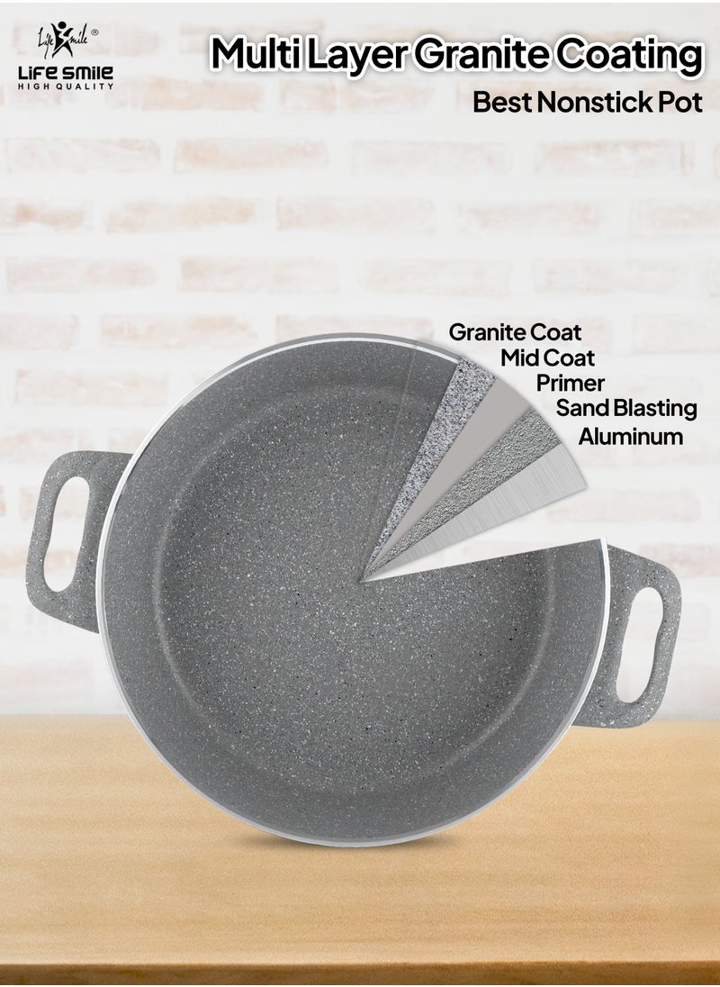 Life Smile - LIFE SMILE Shallow Pots Set with Lid | 100% PFOA FREE | Non Stick Granite Coating Frying Pans set | Oven Safe | Double Handle (Grey (Induction Base), 20/24/28 CM) - Image 1
