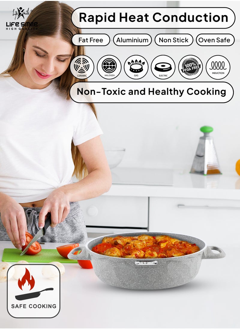 Life Smile - LIFE SMILE Shallow Pots Set with Lid | 100% PFOA FREE | Non Stick Granite Coating Frying Pans set | Oven Safe | Double Handle (Grey (Induction Base), 20/24/28 CM) - Image 1