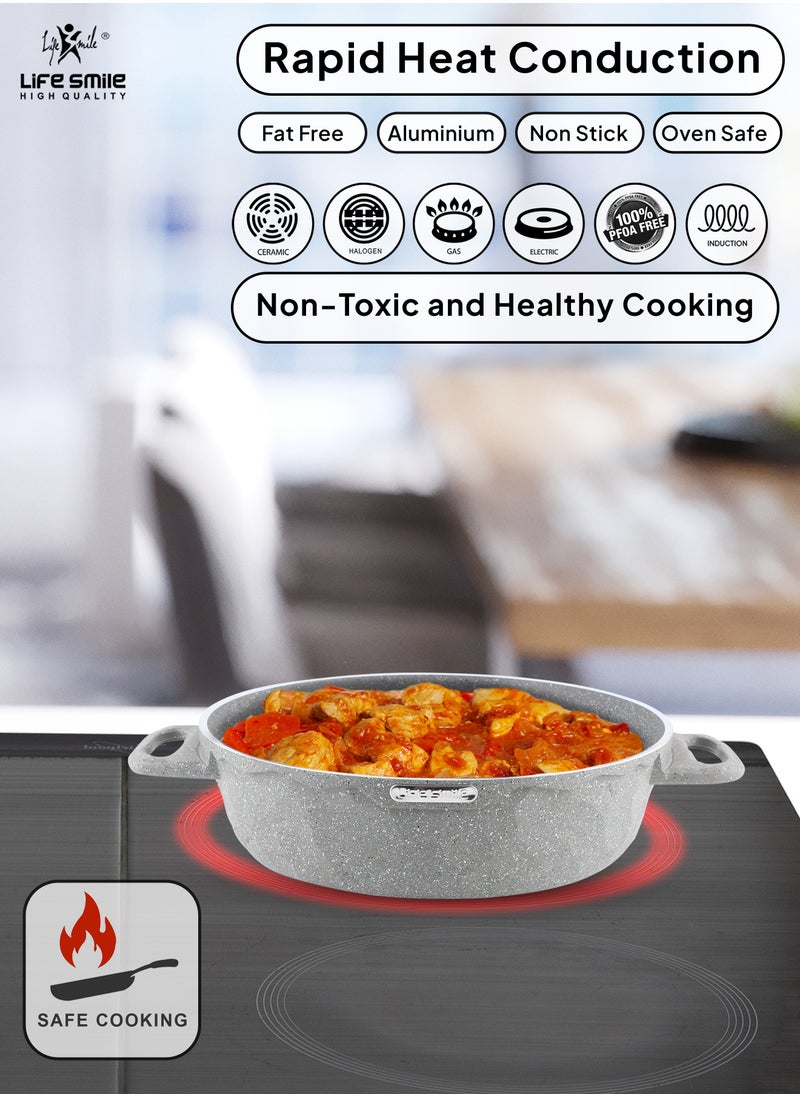 Life Smile - LIFE SMILE Shallow Pots Set with Lid | 100% PFOA FREE | Non Stick Granite Coating Frying Pans set | Oven Safe | Double Handle (Grey (Induction Base), 20/24/28 CM) - Image 1