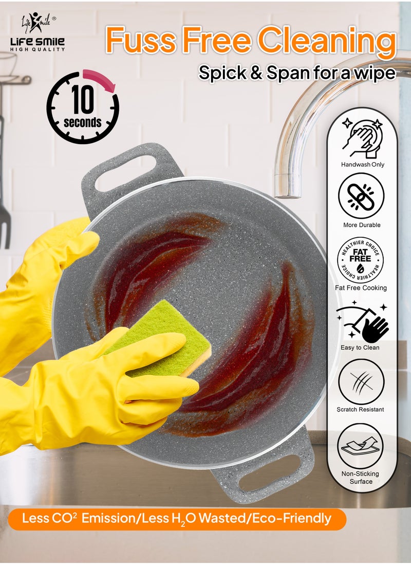 Life Smile - LIFE SMILE Shallow Pots Set with Lid | 100% PFOA FREE | Non Stick Granite Coating Frying Pans set | Oven Safe | Double Handle (Grey (Induction Base), 20/24/28 CM) - Image 1