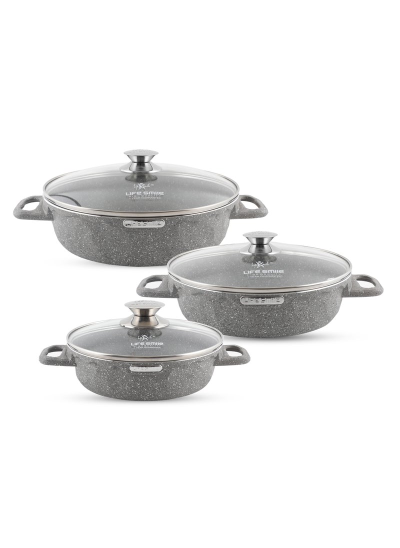 Life Smile - LIFE SMILE Shallow Pots Set with Lid | 100% PFOA FREE | Non Stick Granite Coating Frying Pans set | Oven Safe | Double Handle (Grey (Induction Base), 20/24/28 CM) - Image 1