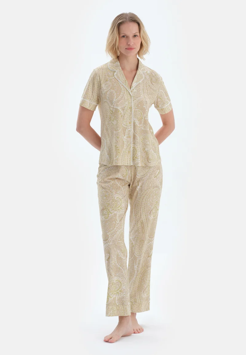 Graphic Regular/Classic Fit Shirt & Trousers Pajama Sets Spread Collar Cotton Blend Sleepwear