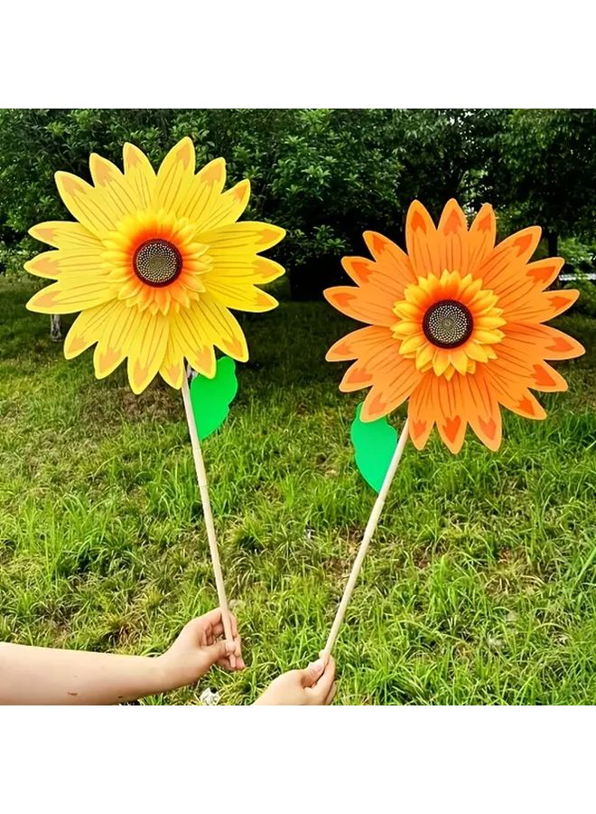 Yellow Sunflower Windmill Garden Decoration With Wooden Pole Outdoor Toy - Image 1