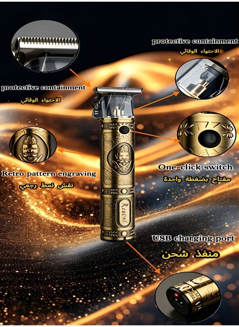 Retro gold rechargeable electric hair clipper with 1mm, 2mm, 3mm, 4mm limit gauges (4pcs), equipped with a cleaning brush + USB charging cable, with 4-hour extended battery life, suitable for both adults and children. - Image 3
