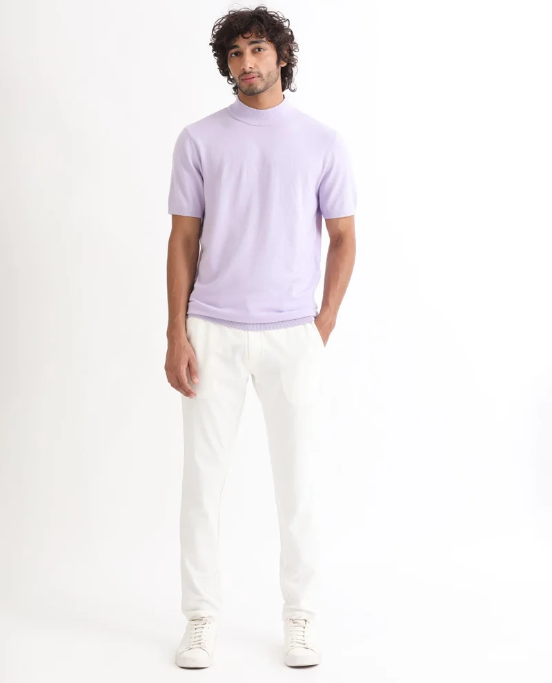 Rare Rabbit Rare Rabbit Men's Alfet Pastel Purple Half Sleeves High Neck Knitted T-Shirt