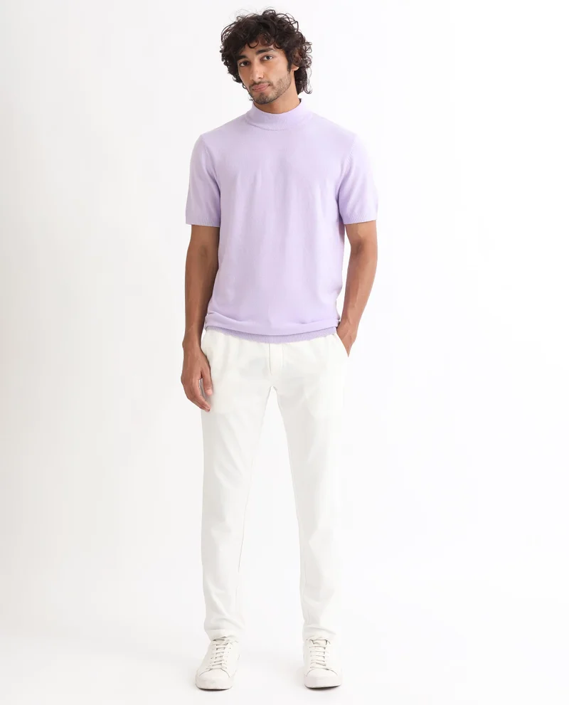 Rare Rabbit Rare Rabbit Men's Alfet Pastel Purple Half Sleeves High Neck Knitted T-Shirt