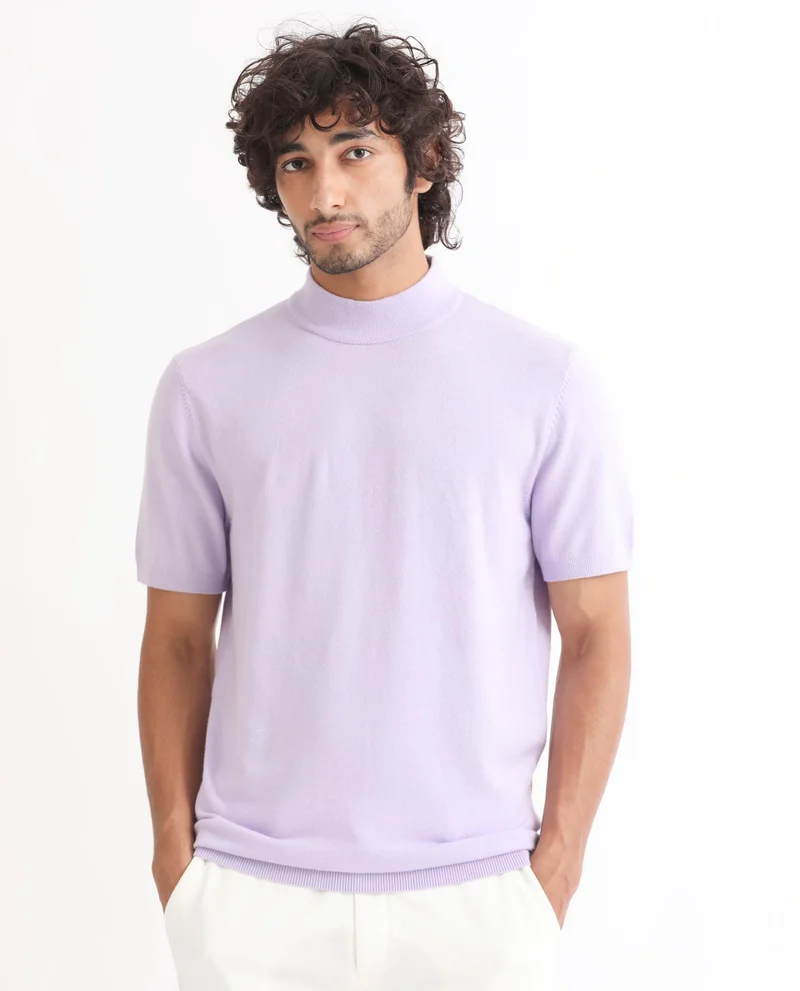 Rare Rabbit Rare Rabbit Men's Alfet Pastel Purple Half Sleeves High Neck Knitted T-Shirt