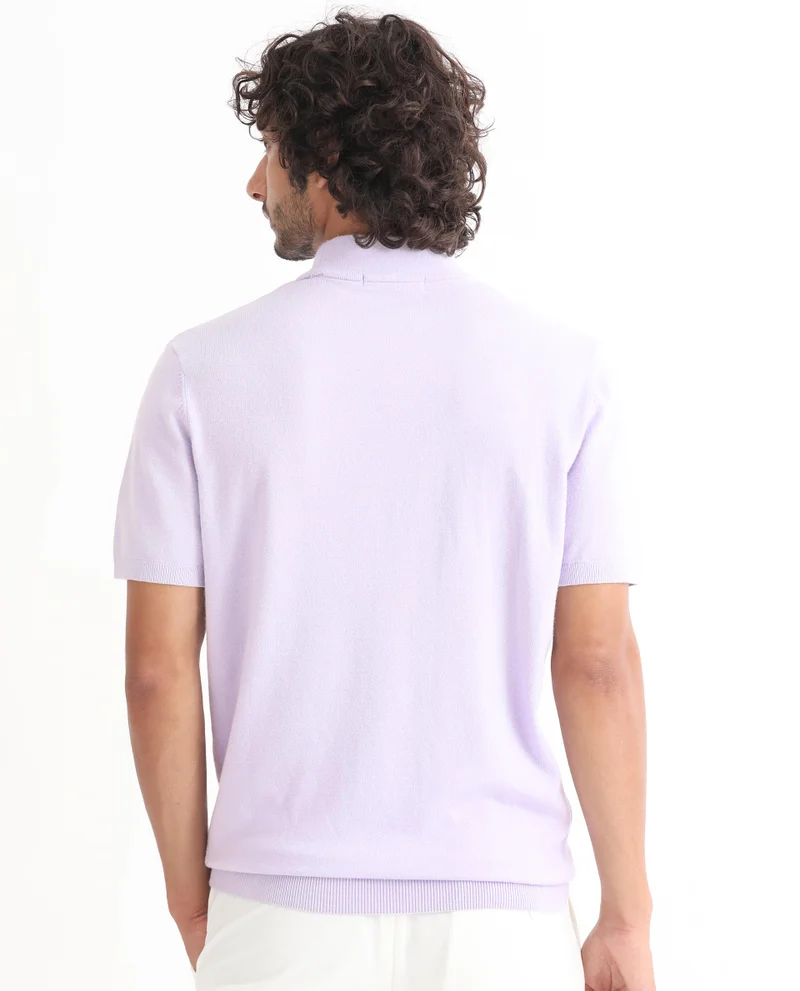 Rare Rabbit Rare Rabbit Men's Alfet Pastel Purple Half Sleeves High Neck Knitted T-Shirt