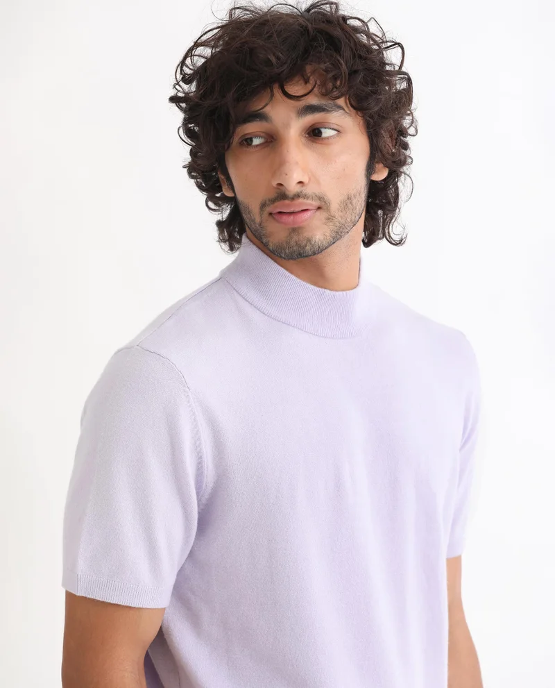 Rare Rabbit Rare Rabbit Men's Alfet Pastel Purple Half Sleeves High Neck Knitted T-Shirt