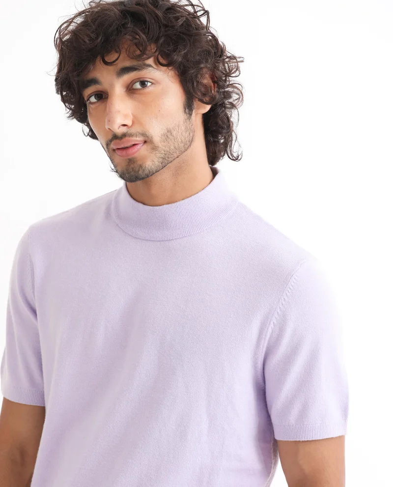 Rare Rabbit Rare Rabbit Men's Alfet Pastel Purple Half Sleeves High Neck Knitted T-Shirt